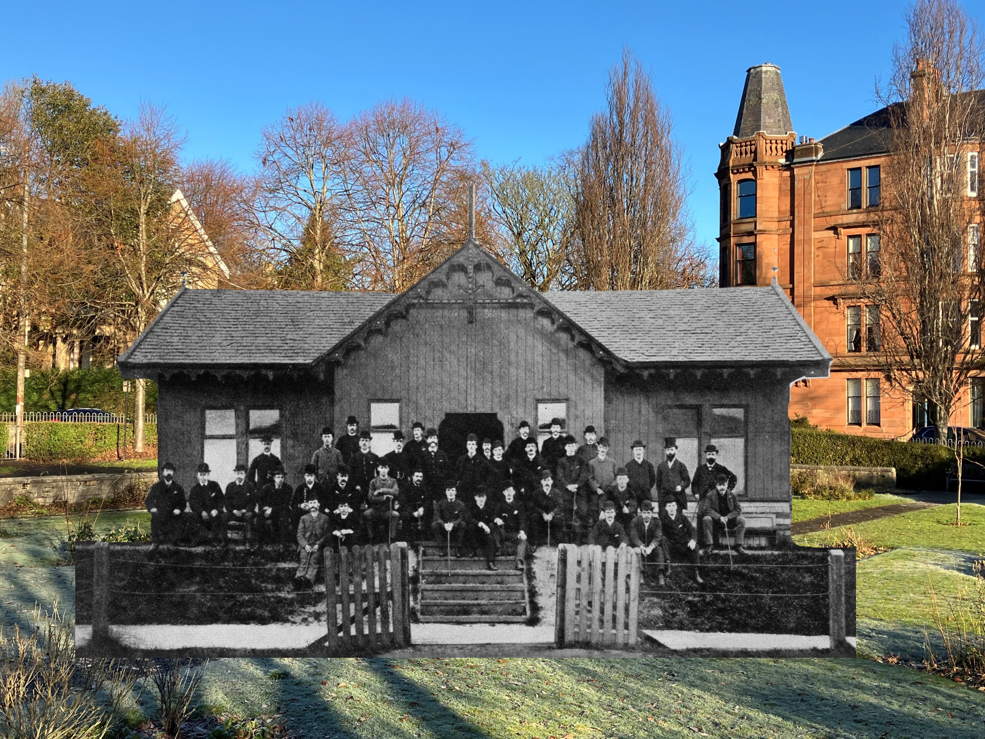 Overlay of historic photo showing a large group of men in inform onto current day view of the park with tenements in the background