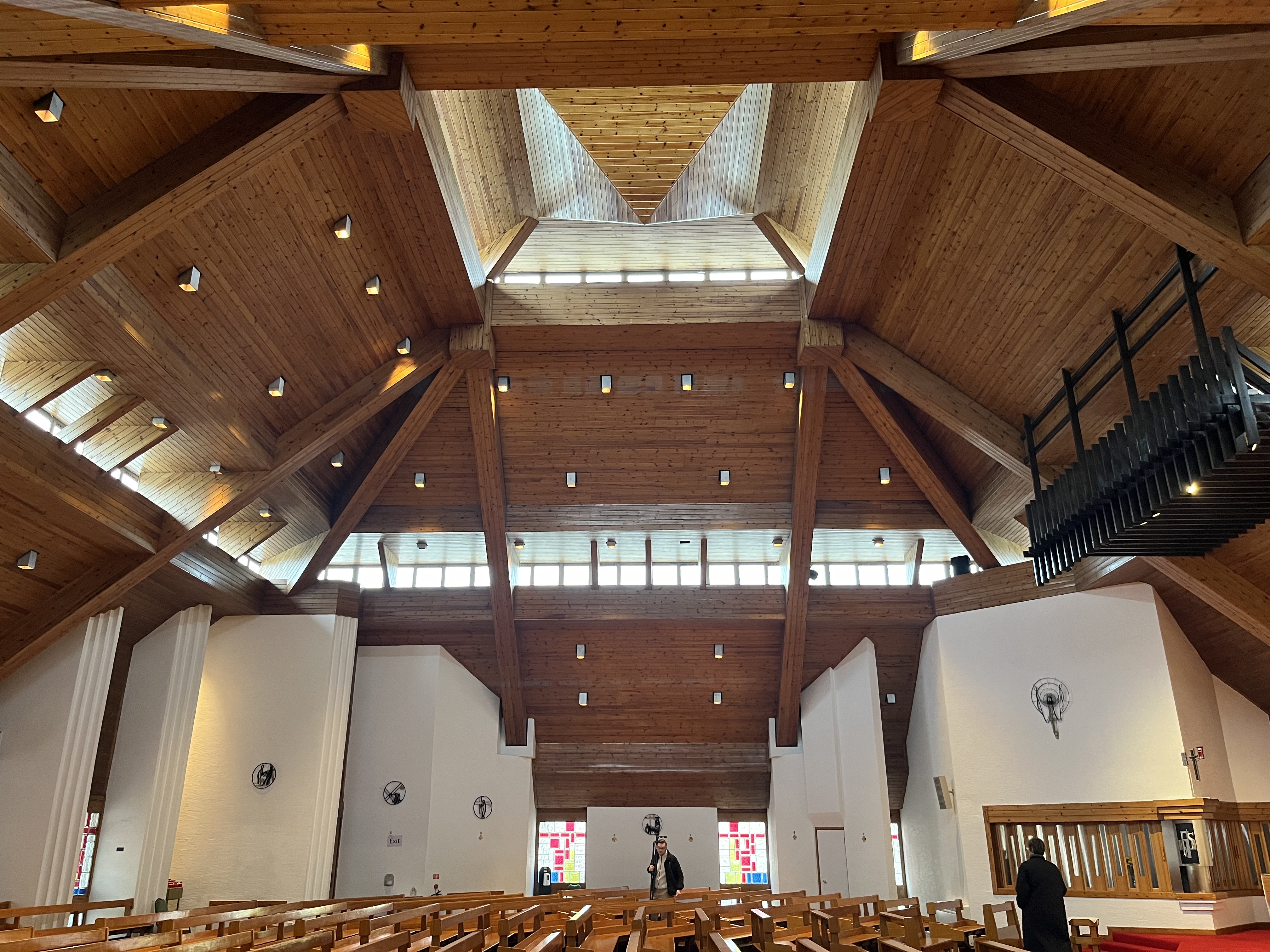 Interior of St Bride's Church showing timber roof structure